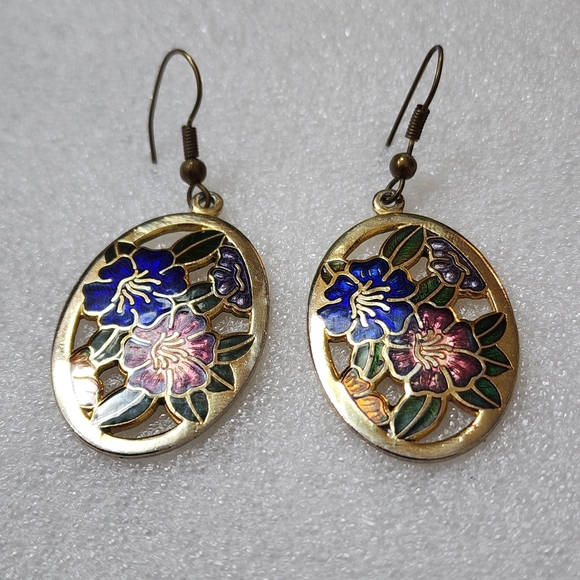 Vintage Cloisonne Enamel 90s Floral Earrings - Picture 4 of 6